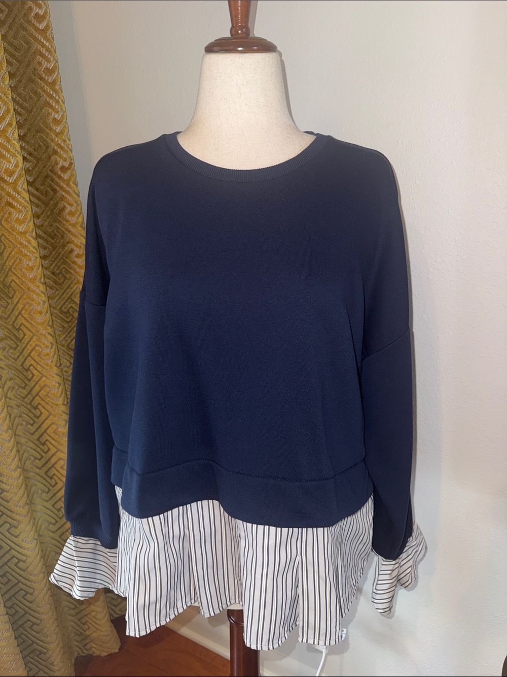 Maeve Navy Layered Sweater Top with Striped Hem